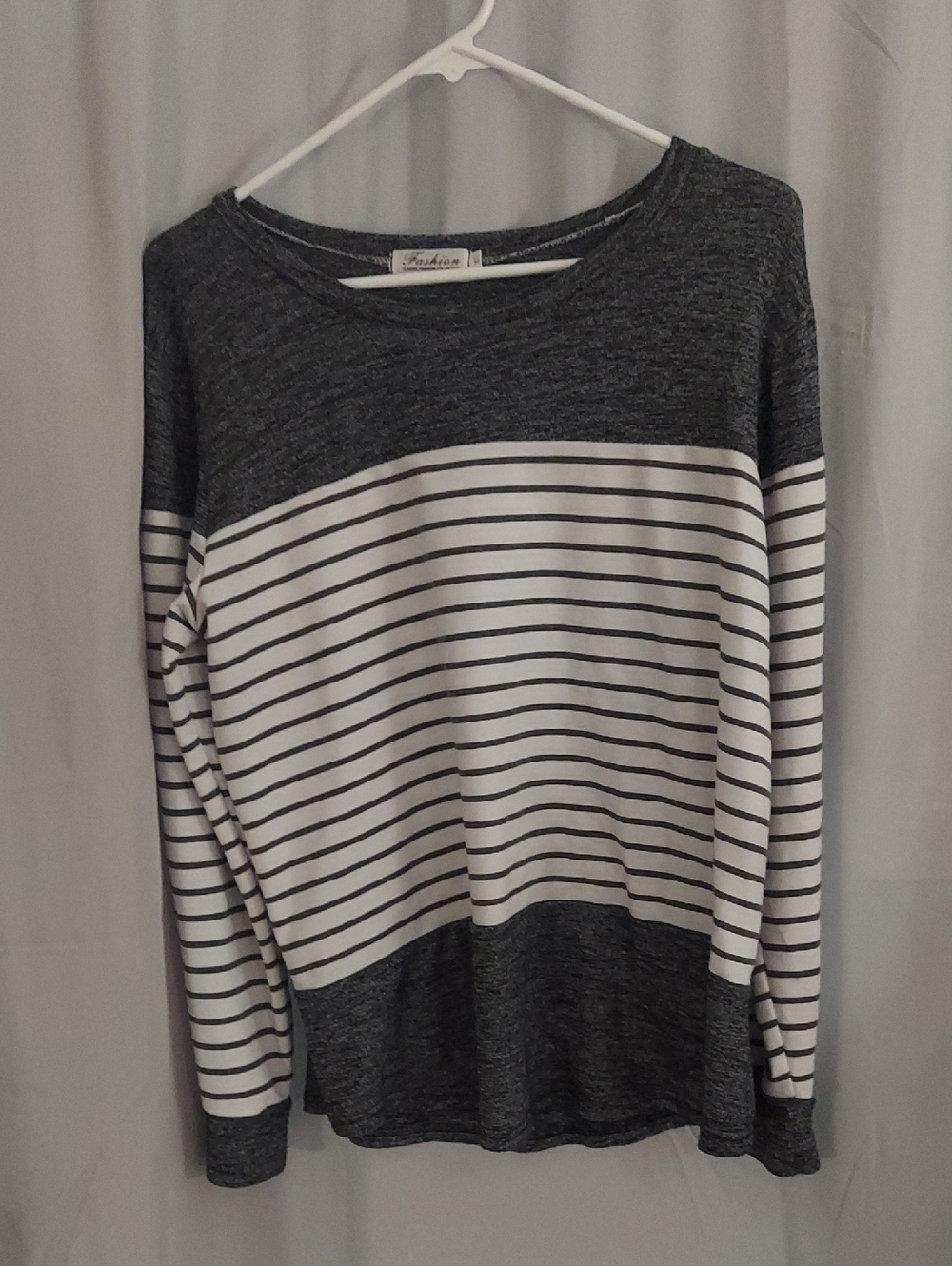 Striped Long-Sleeve Lightweight Sweater - Grey/Black and White